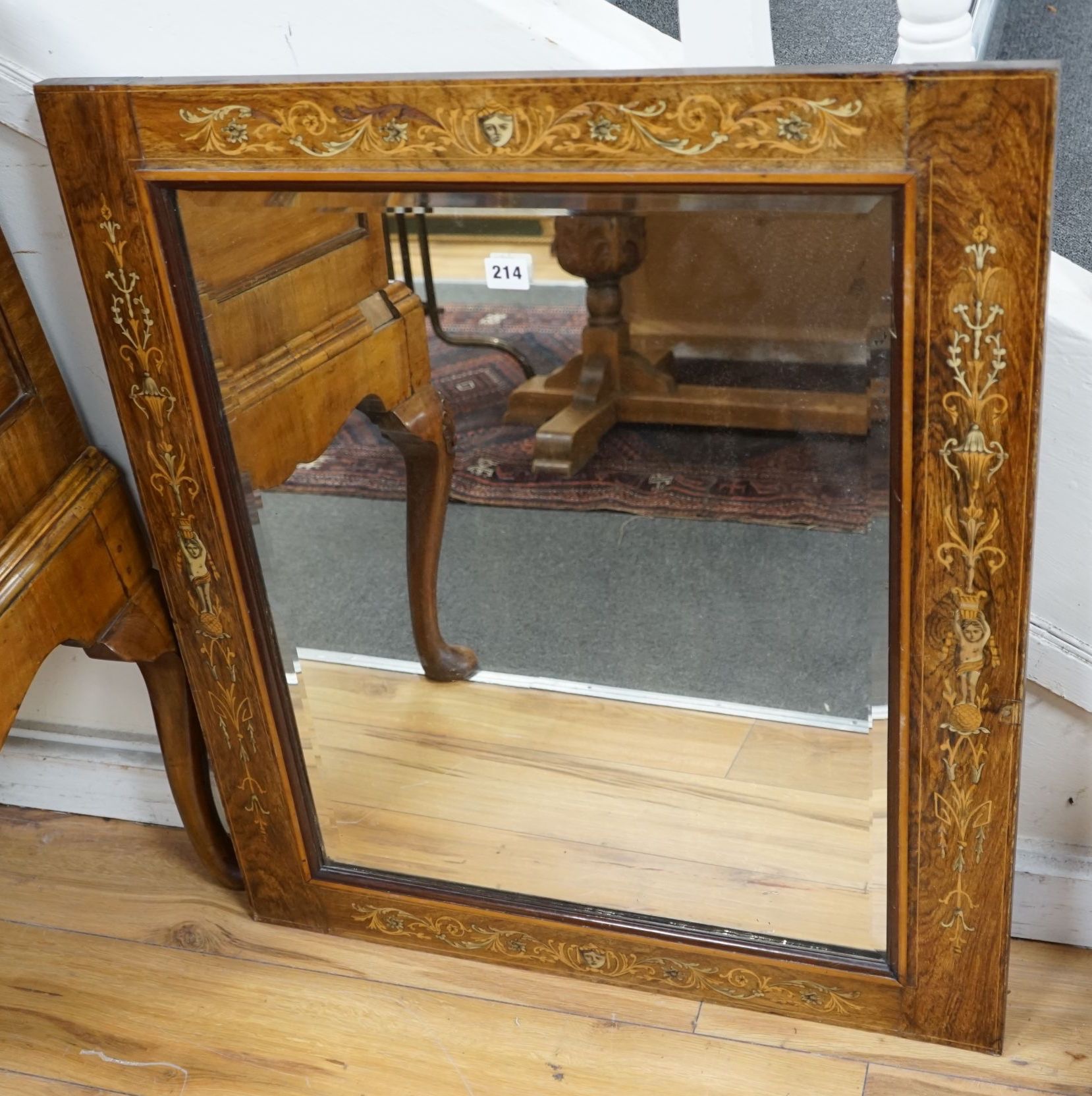 An Edwardian rosewood and marquetry mirror, width 72cm height 82cm